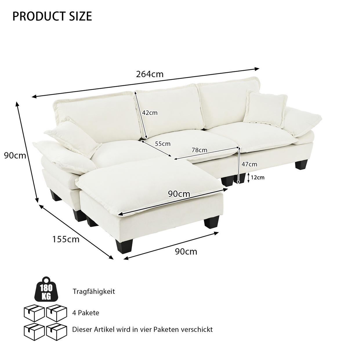 ECKSOFA aus Chenille 264x155x90 cm in Beige mit Ottomane & 2 Kissen - Beige, Textil (155/90/264cm) - Modfu