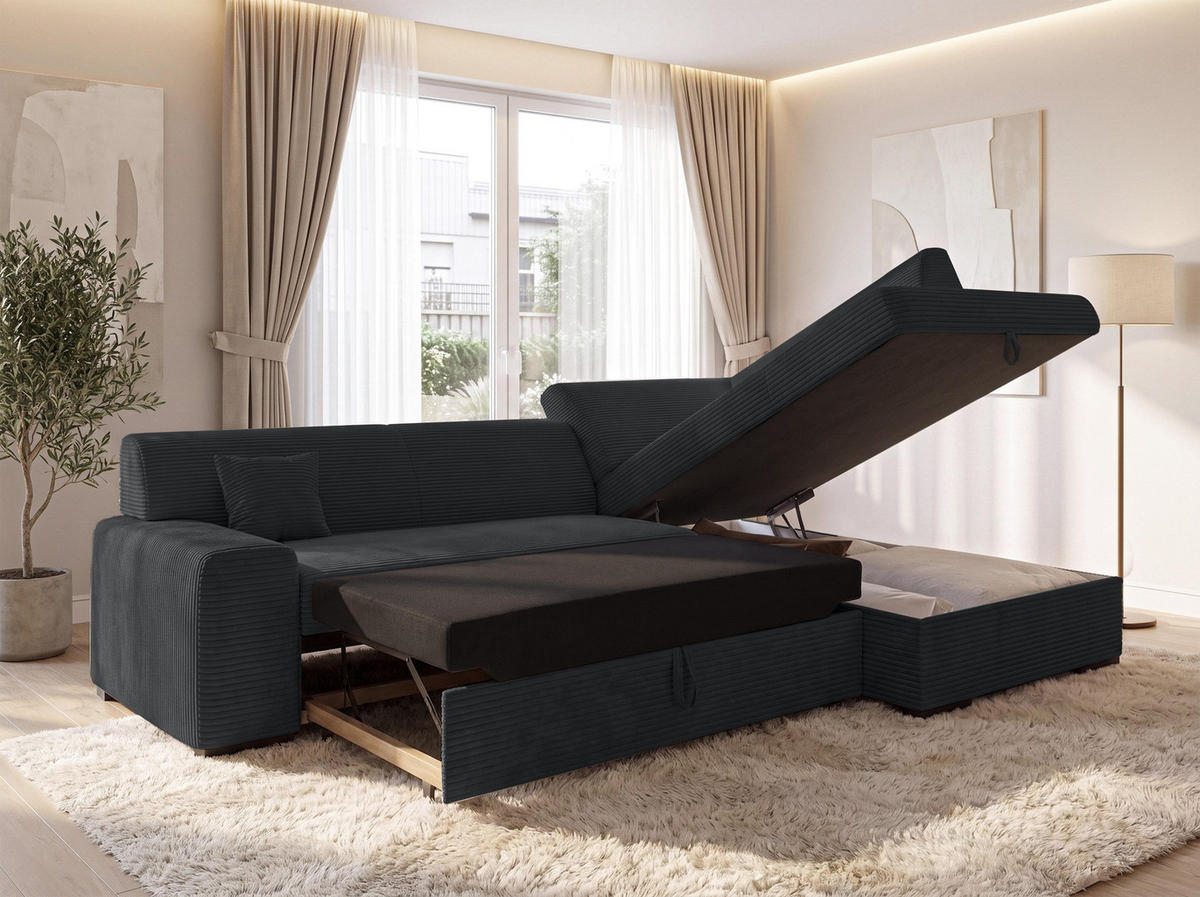 ECKSOFA L Form Minosa Schwarz 260/175/71 cm Rechts mit Schlaffunktion - Schwarz, Kunststoff/Textil (175/260cm) - AX Living