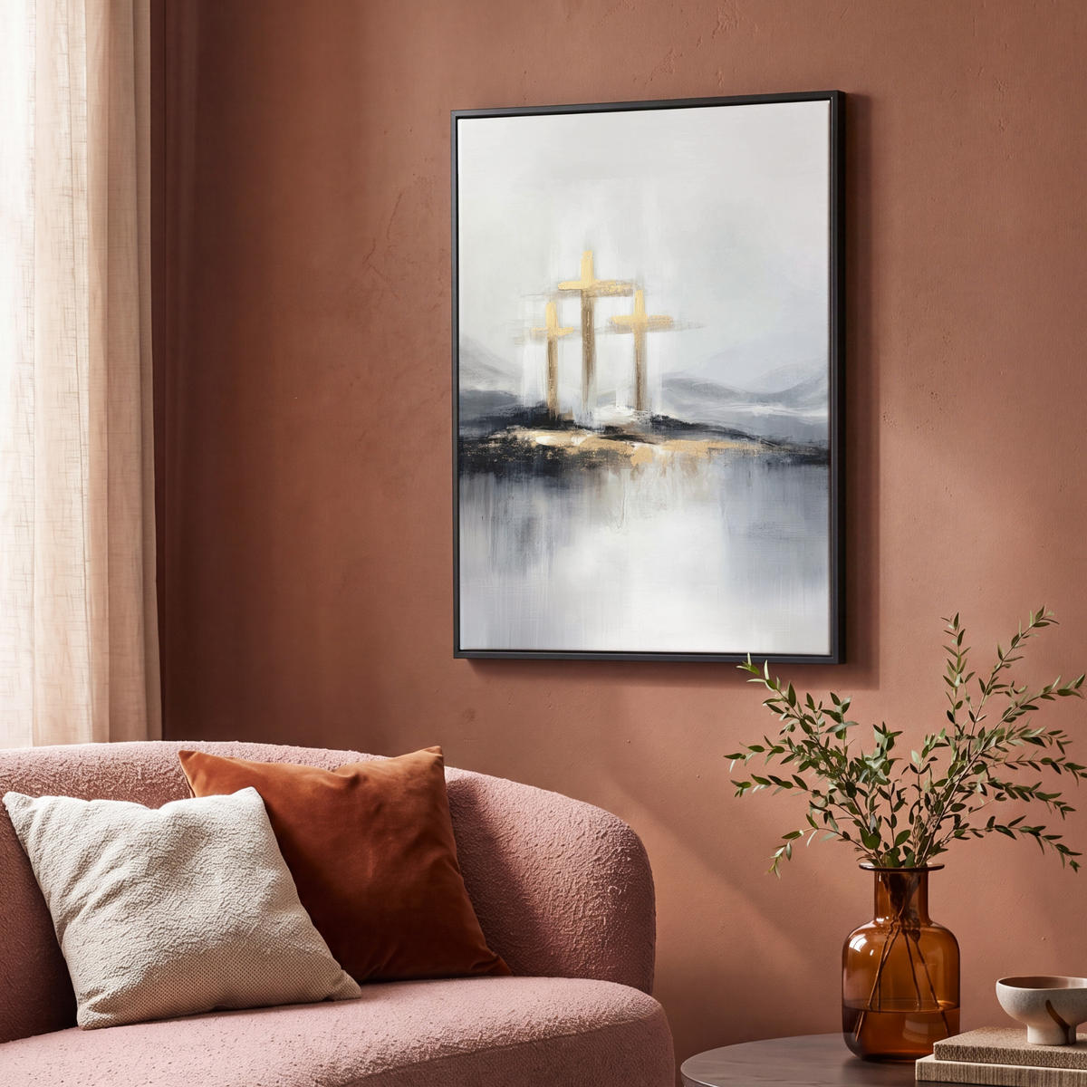 LEINWAND Bilder mit Rahmen - Abstrakt - Malerei - Christentum - Kreuz - 70x100 - Weiß, Textil (70/100cm) - MuchoWow