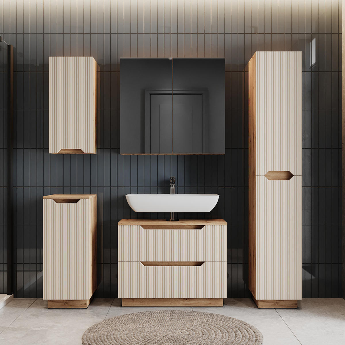 WASCHBECKENUNTERSCHRANK Lotta Eiche/Kaschmir gestreift 79.6 x 62.5 cm mit 2 Schubladen - Kaschmir/Eichefarben, Holzwerkstoff (79.6/62.5/32cm) - Vicco