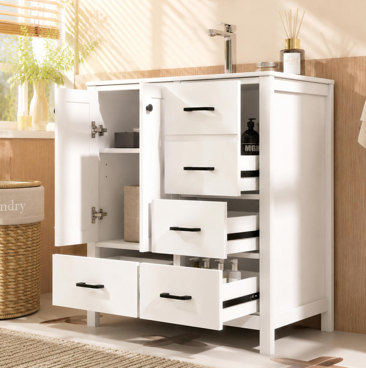 FREISTEHENDER Badezimmerschrank aus MDF und Keramik 76x46x82 cm Weiß mit Waschbecken und Stauraum - Weiß, Keramik (76/82/46cm) - Modfu