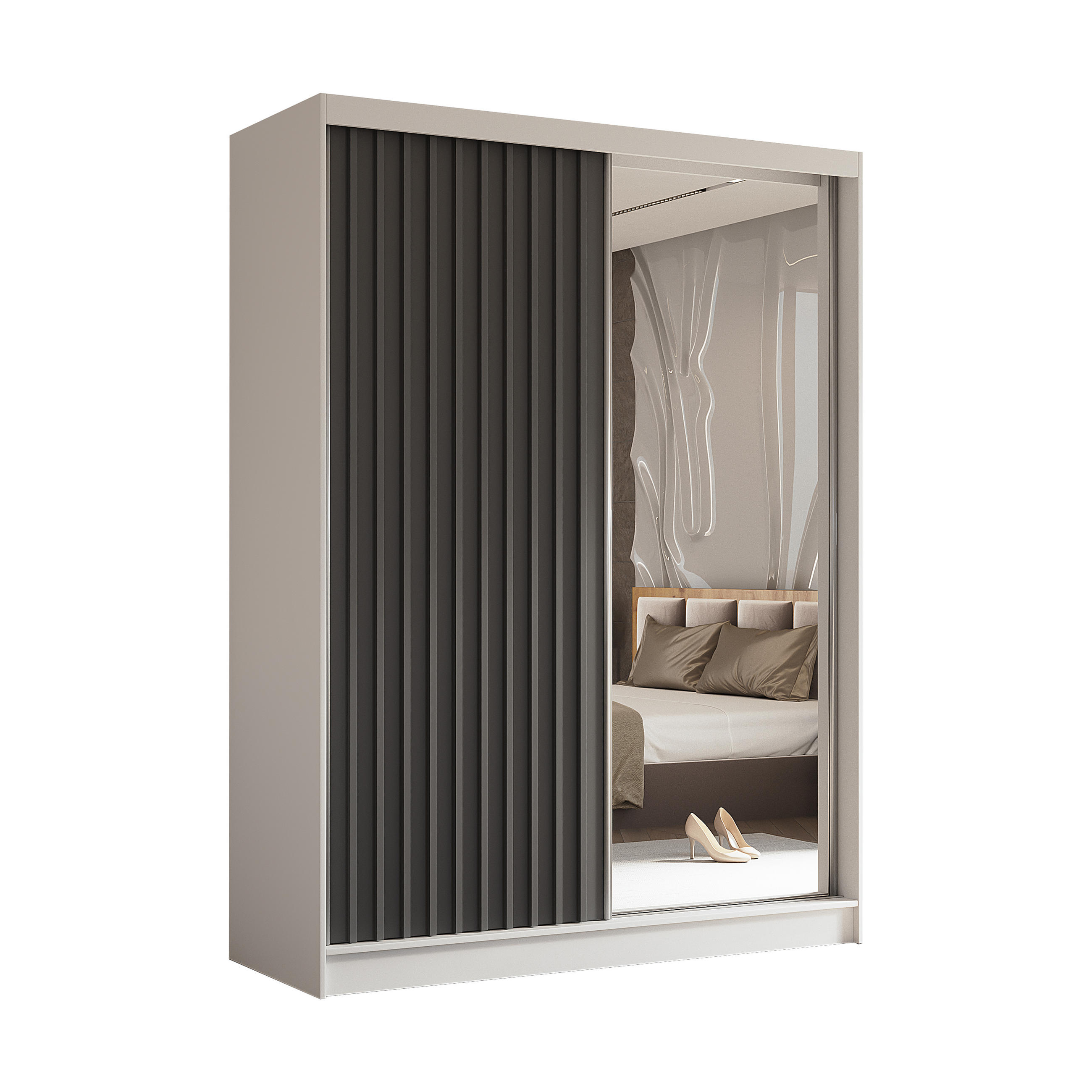 SCHWEBETÜRENSCHRANK LAMELLO 160/216/61 cm 2-türig mit Spiegel Weiß - Weiß/Grau, Holzwerkstoff (160/216/61cm) - MASSENO