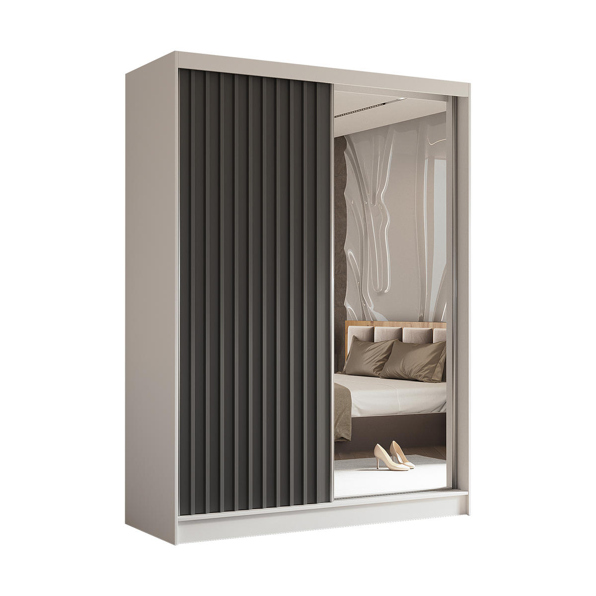 SCHWEBETÜRENSCHRANK LAMELLO 160/216/61 cm 2-türig mit Spiegel Weiß - Weiß/Grau, Holzwerkstoff (160/216/61cm) - MASSENO