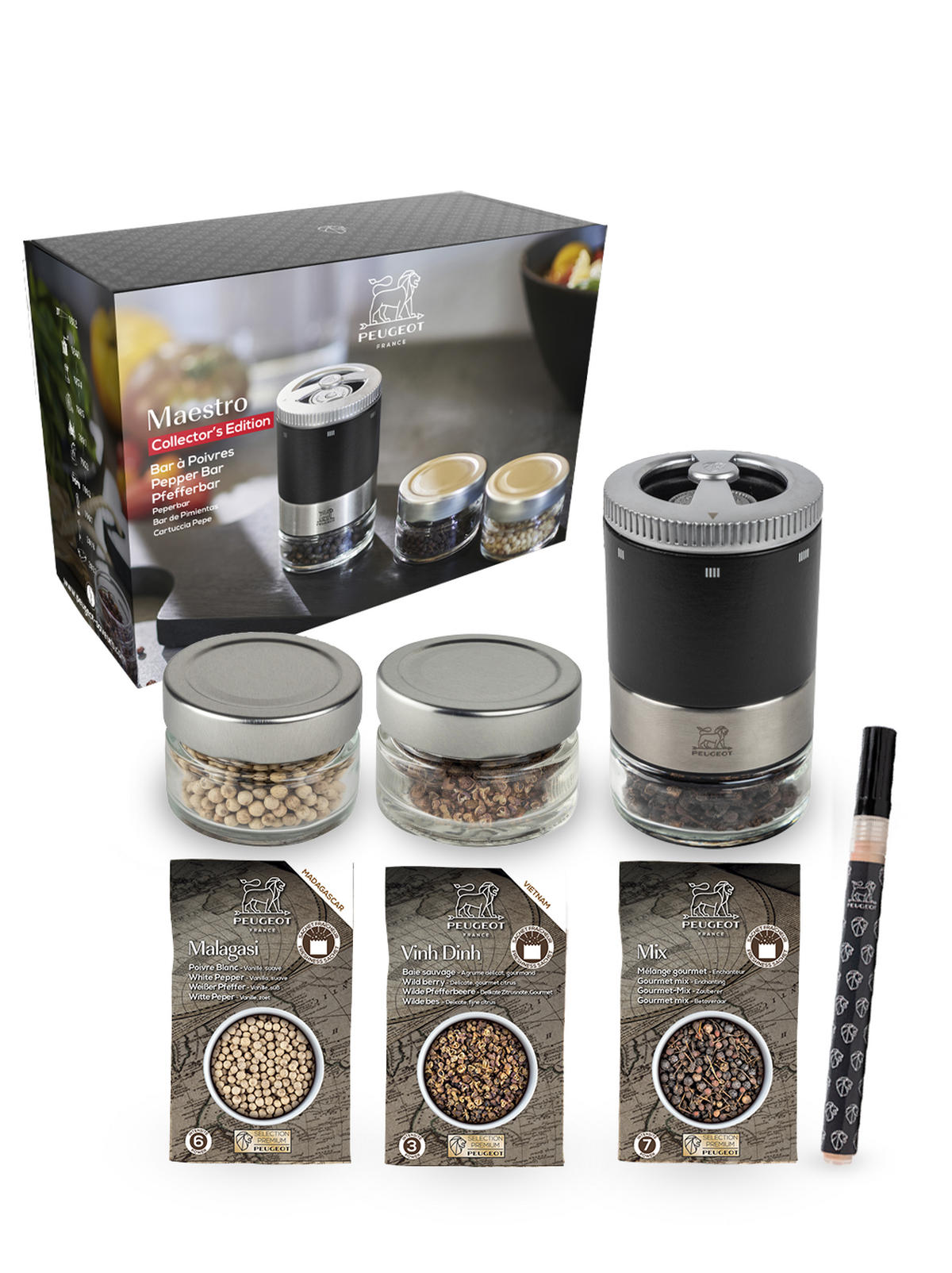 GESCHENKSET Pfeffermühle Maestro 11cm inkl. 3 Gläsern Mattschwarz - Schwarz, Holz (6/11/6cm) - PEUGEOT