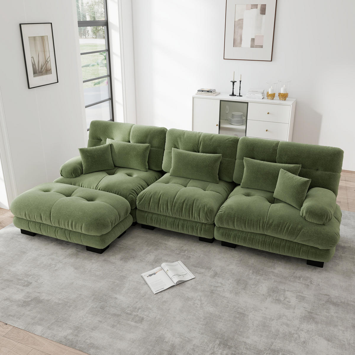 ECKSOFA aus Chenille 145x313x81 cm in Grün mit passender Ottomane - Grün, Textil (145/313cm) - Modfu