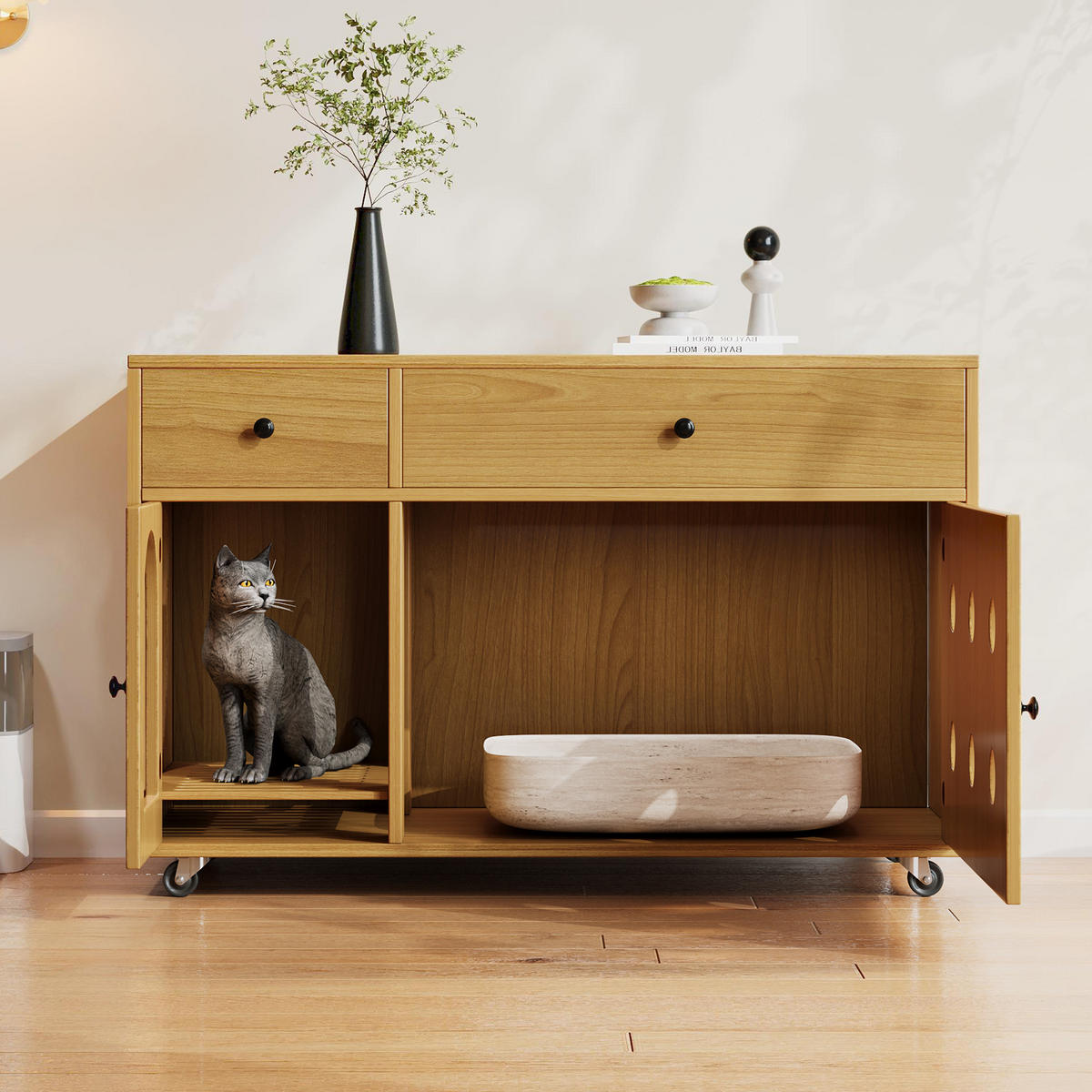 SIDEBOARD Katzentoilettenschrank mit Stauraum und Sandfangplatte, Lüftung MDF Rollen Skandinavisch - Naturfarben, Holzwerkstoff (100/66/45cm) - EVRYAE
