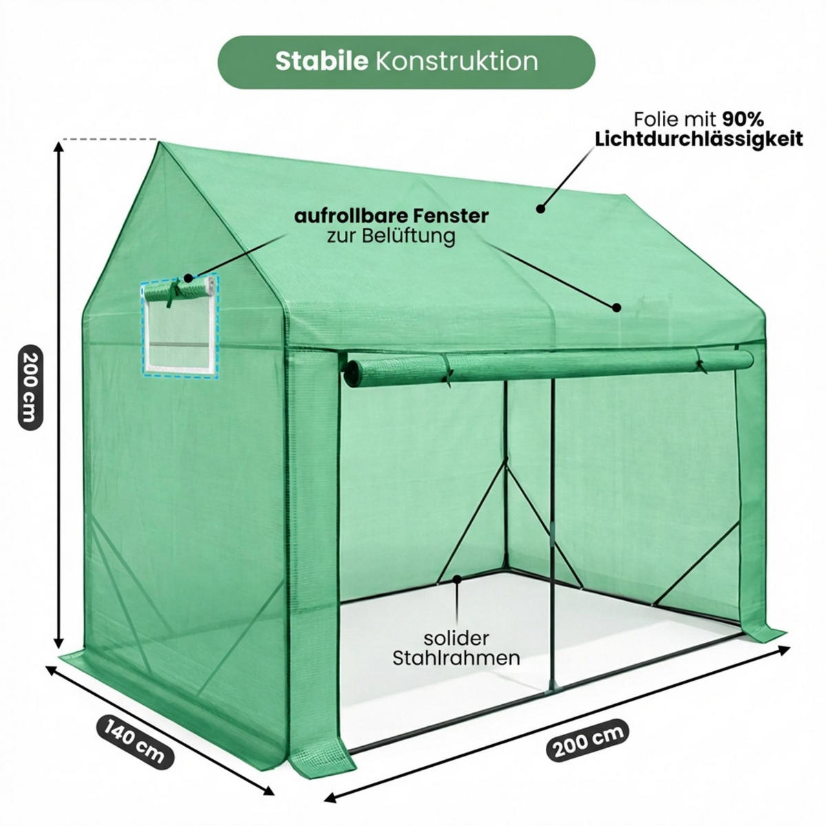 GEWÄCHSHAUS in Hausform, Grün, 200x140x200 cm - Grün, Metall (200/200/140cm) - Akord
