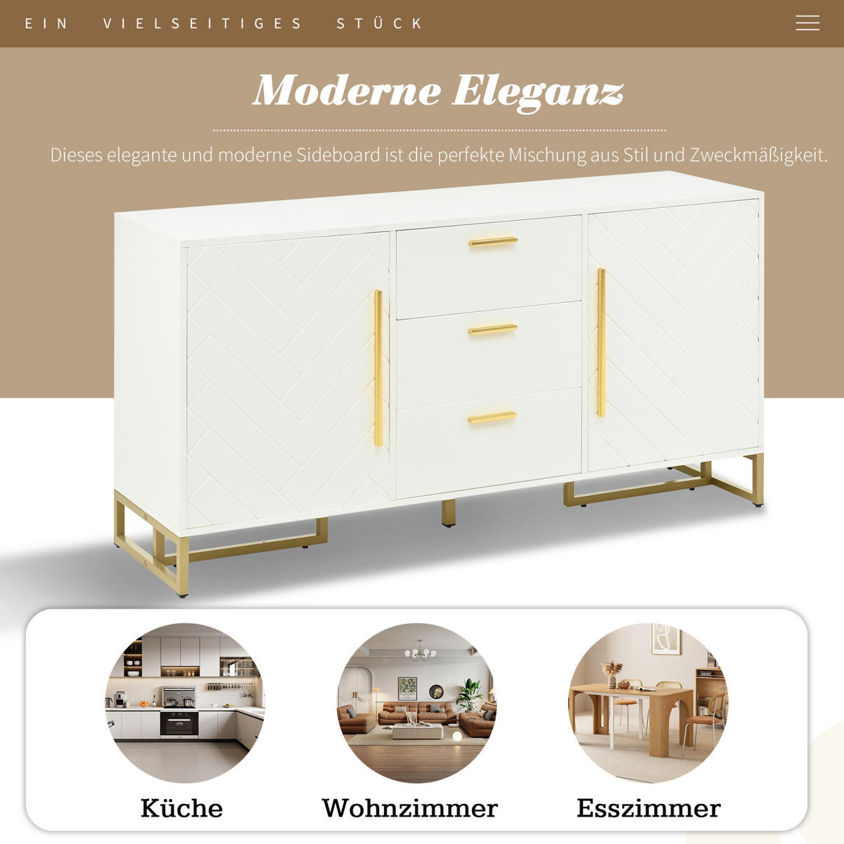 SIDEBOARD aus MDF und PB Weiß 145x40x75 cm mit 2 Türen, 3 Schubladen und verstellbaren Einlegeböden im Fischgrät-Design - Weiß, Holzwerkstoff (145/75/40cm) - Modfu