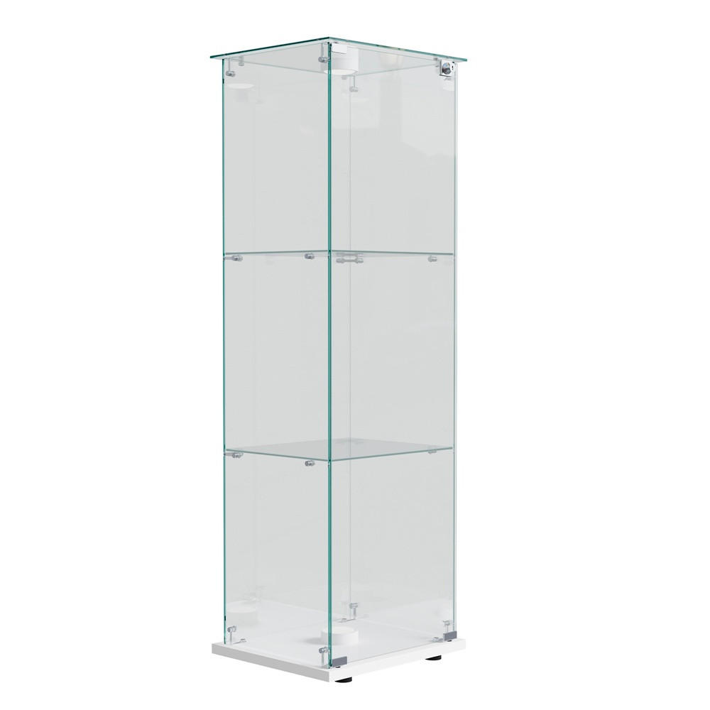VITRINE - Glasvitrine mit 1 Tür - 3 Ebenen und LED-Beleuchtung - Weißer Boden - Weiß, Glas (39.8/123.3/35cm) - DELFA