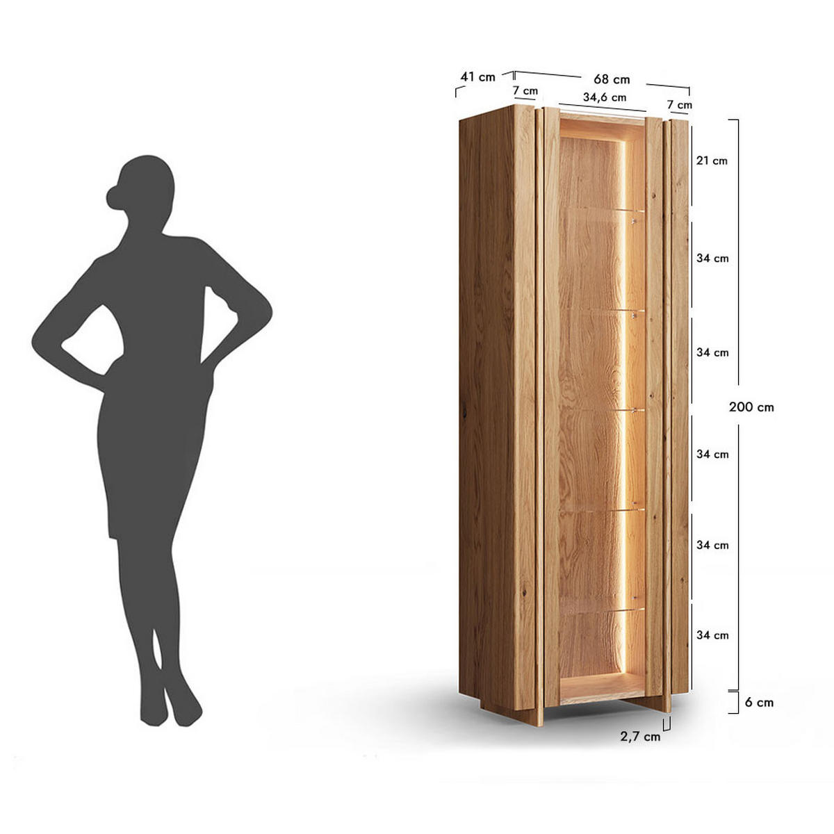 VITRINE Travertino Wildeiche Natur 68 / 41 / 206cm ohne Travertin Naturstein - Wildeiche, Holz (68/206/41cm) - Feldmann-Wohnen