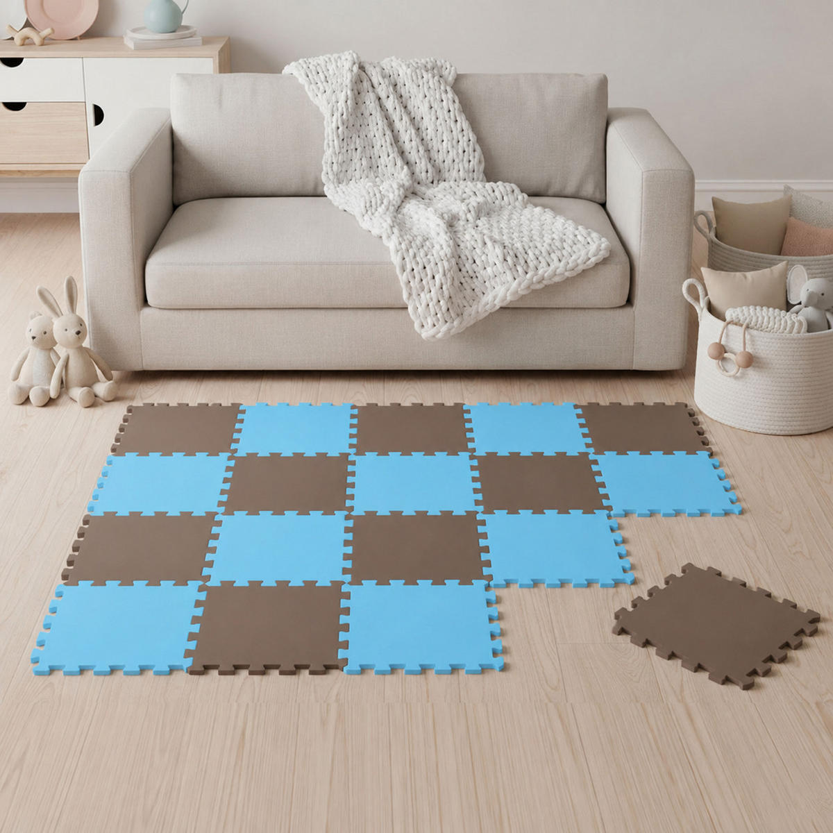 SPIELMATTE ab Null - 180/90/1 cm Puzzlematte Blau - Braun/Hellblau, Kunststoff (30/30cm) - Littletom