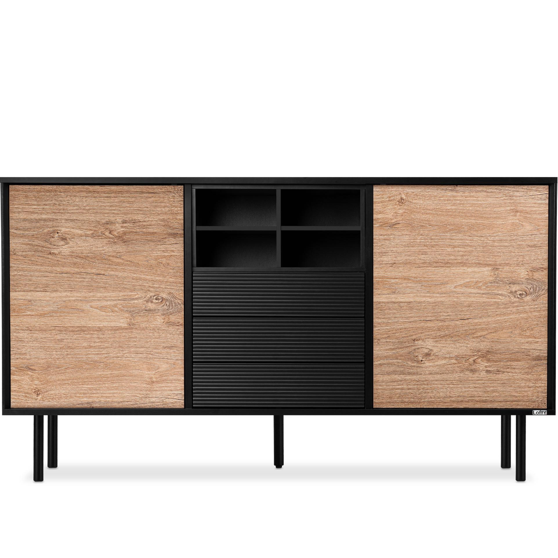 KOMMODE LOFTY Kreuzeinlage, schwarz / Eiche natur - Eichefarben/Schwarz, Holzwerkstoff (151/84/41cm) - KONSIMO®