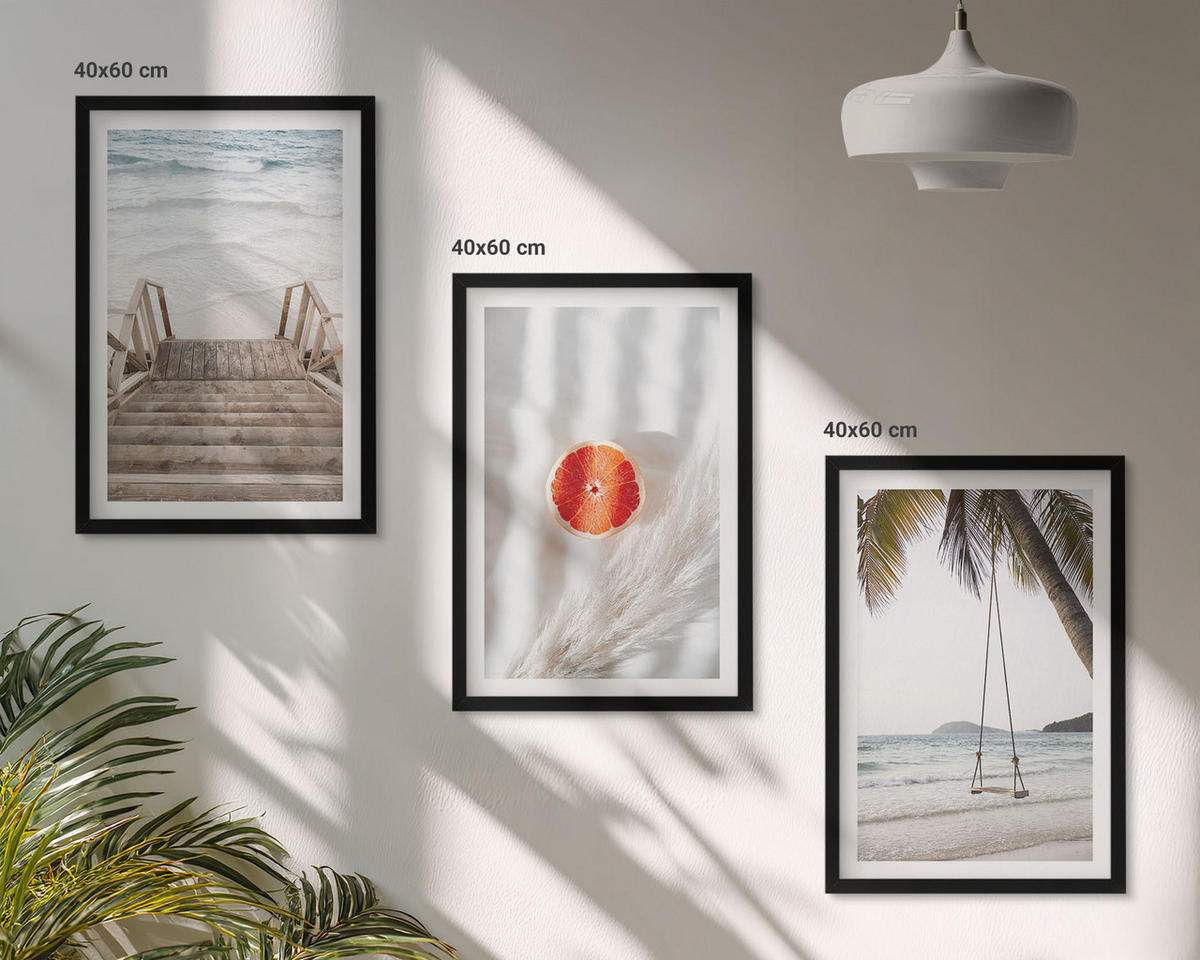 BILDER SET 3er Set - 40x60 cm Schwarzer Rahmen - Strandtreppe aus Holz, Urlaub - Schwarz, Kunststoff (40/60cm) - TULUP
