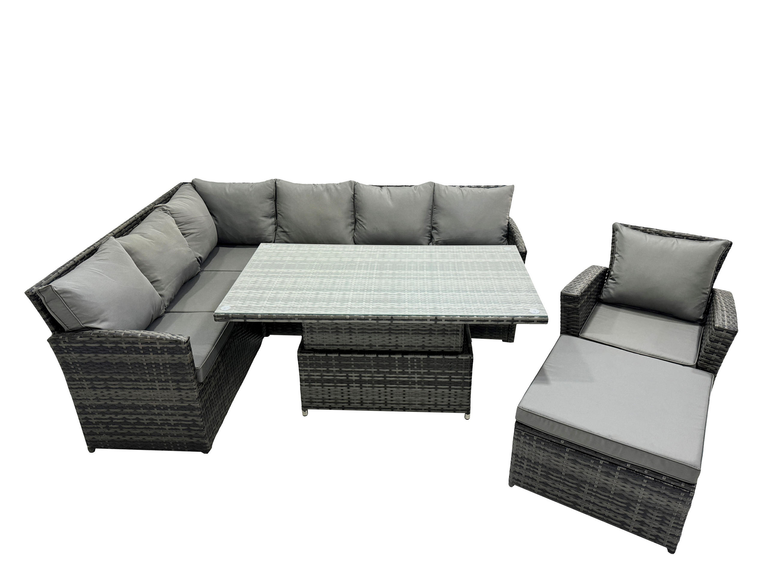 GARTENSET mit Höhenverstellbarer Tisch, Fußhocker, Stuhl Polyrattan Dunkelgrau 8-Sitzer - Dunkelgrau/Grau, Glas/Kunststoff - Fimous