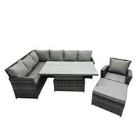 GARTENSET mit Höhenverstellbarer Tisch, Fußhocker, Stuhl Polyrattan Dunkelgrau 8-Sitzer - Dunkelgrau/Grau, Glas/Kunststoff - Fimous