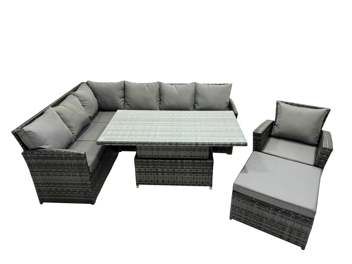 GARTENSET mit Höhenverstellbarer Tisch, Fußhocker, Stuhl Polyrattan Dunkelgrau 8-Sitzer - Dunkelgrau/Grau, Glas/Kunststoff - Fimous