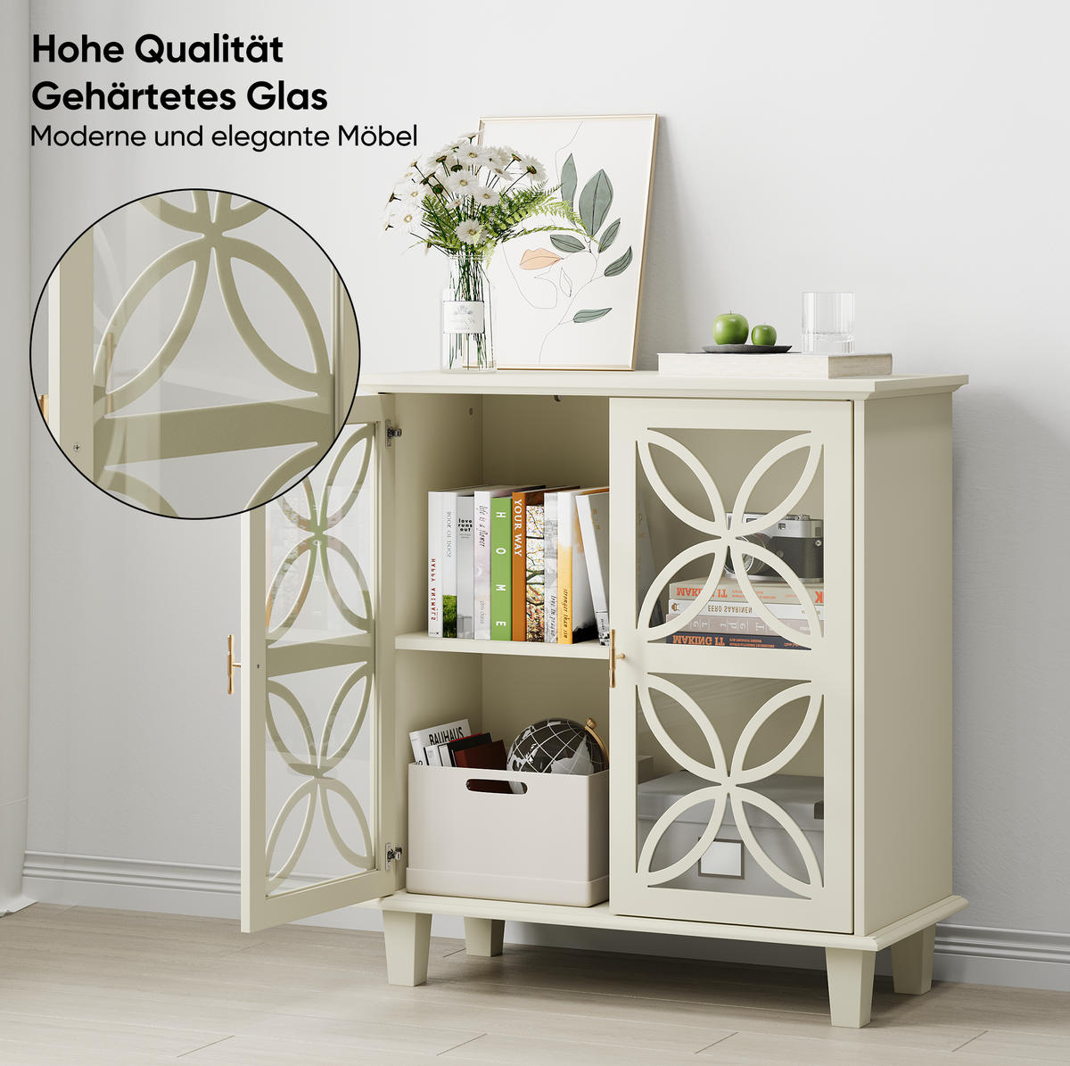 SIDEBOARD 80/38/87 cm creme aus MDF und Holzwerkstoff mit Hartglastüren - Creme, Holzwerkstoff (80/87/38cm) - OKWISH