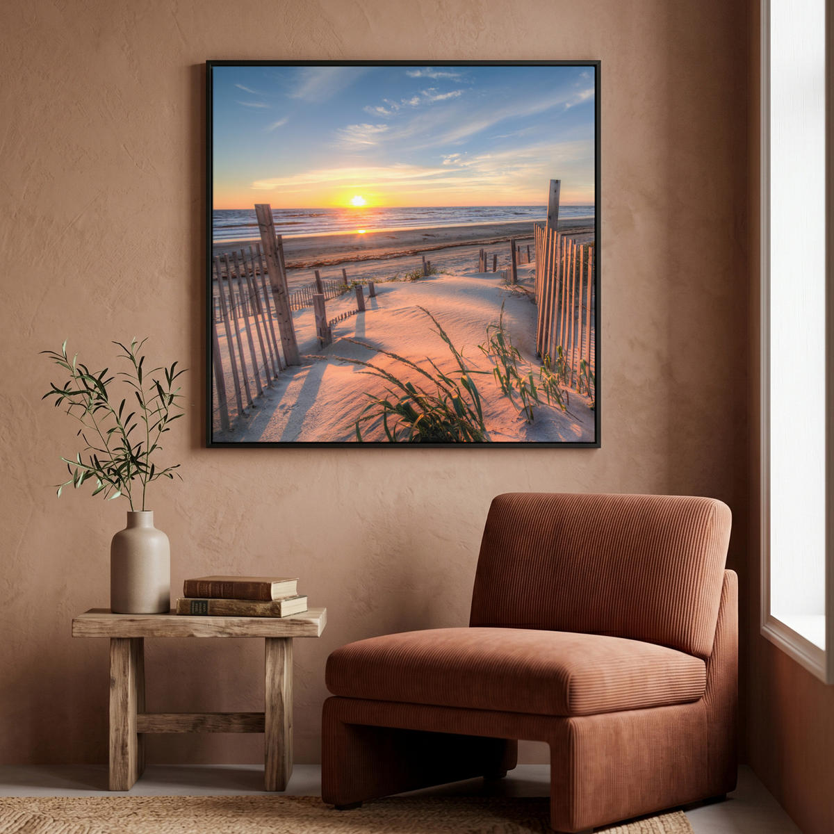 LEINWAND Bilder mit Rahmen - Strand - Meer - Düne - Sonnenuntergang - Landschaft - 90x90 - Beige, Textil (90/90cm) - MuchoWow