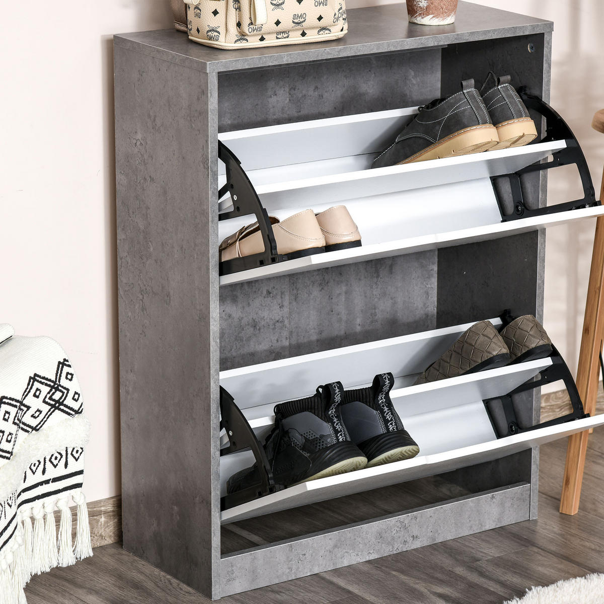 SCHUHSCHRANK DE-14978 2 Klapptüren mit verstellbaren Böden Grau - Weiß, Holzwerkstoff (62.5/81/26cm) - ComfortXL