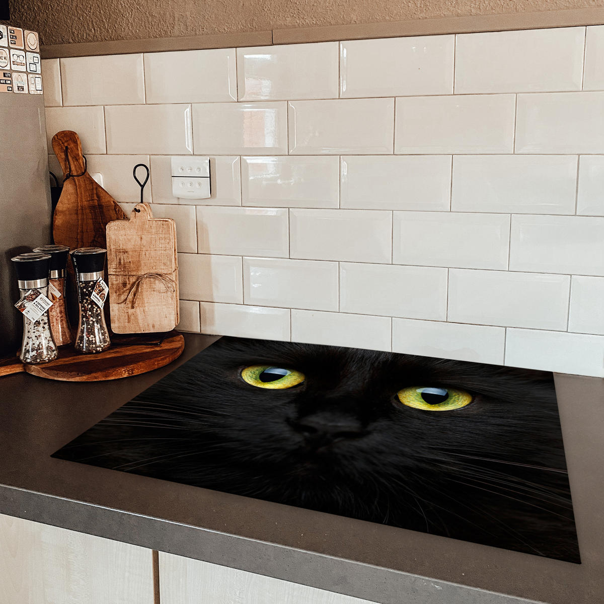 HERDABDECKPLATTE Katze - Augen - Gelb - Schwarz Induktionsmatte 71x52 cm - Schwarz, Kunststoff (71/52/0.2cm) - MuchoWow