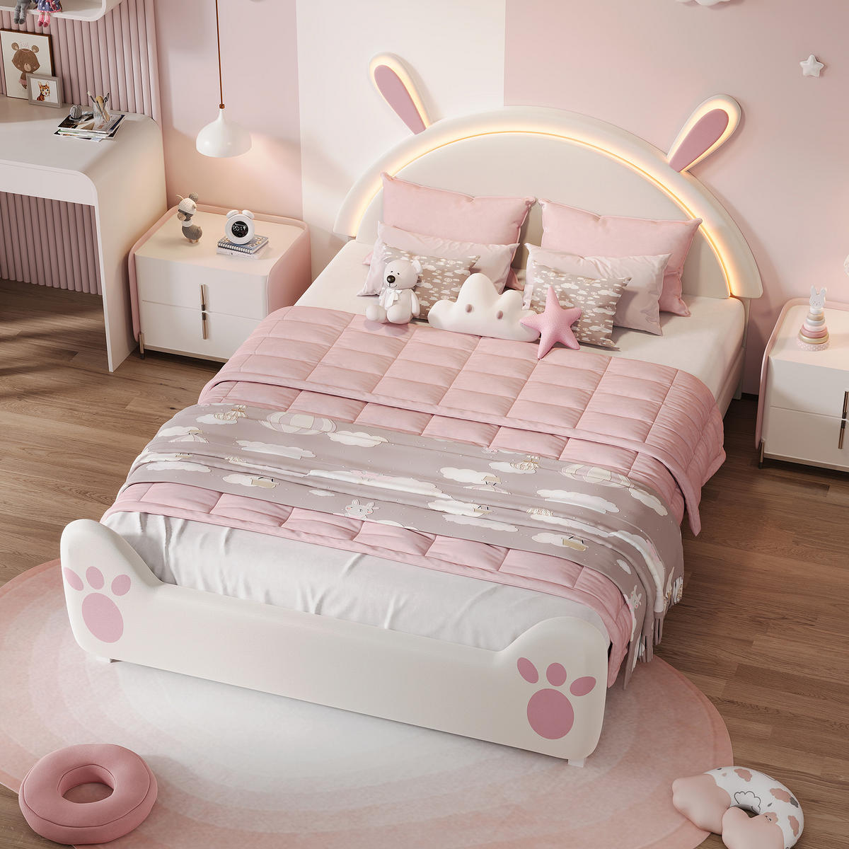 POLSTERBETT 140 x 200 cm mit LED Hasenohren Kopfteil, Kinderbett mit Lattenrost, Samtstoff, für Kinder, Erwachsener - Pink, Holz/Holzwerkstoff (140/200cm) - BursDany
