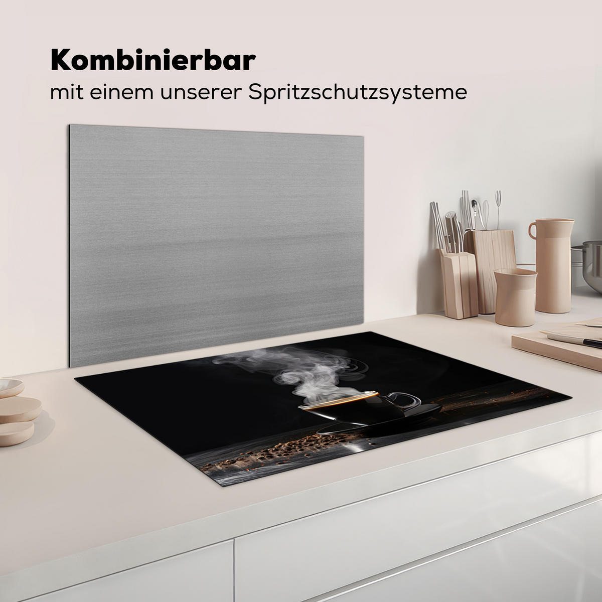 HERDABDECKPLATTE Kaffee - Schwarz - Bohnen - Heiß - Tasse Ceranfeldabdeckung 78x52 cm - Schwarz, Kunststoff (78/52/0.2cm) - MuchoWow