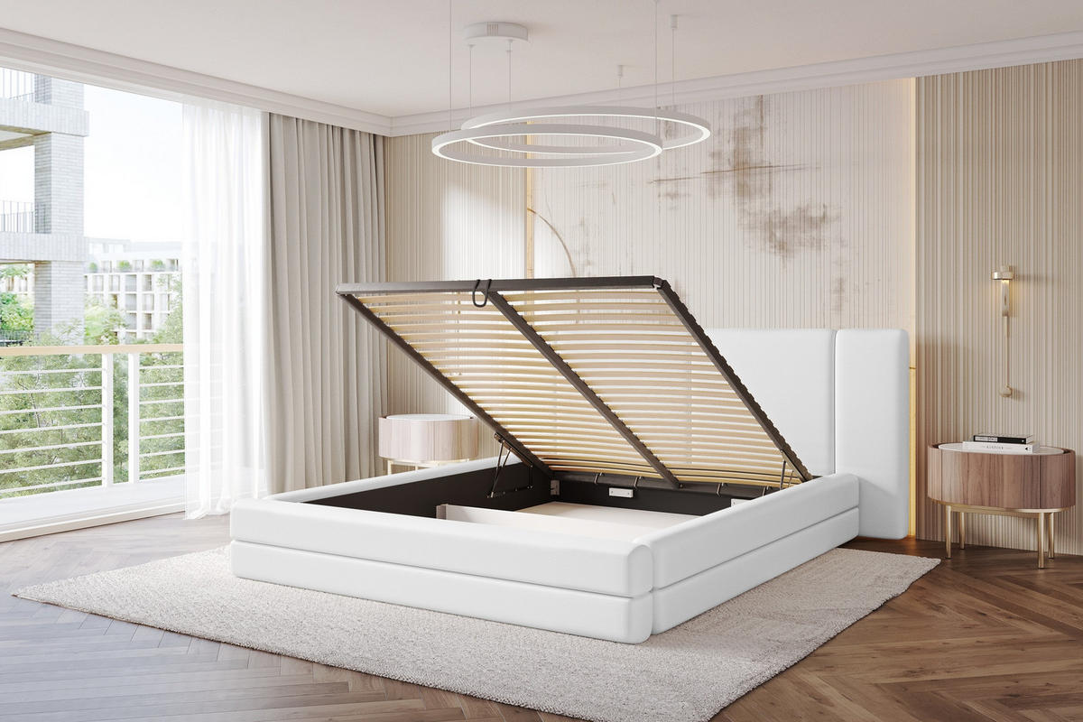 POLSTERBETT mit Bettkasten und Lattenrost, Bett mit Matratze H3/H4 - TEVO 180x200 Weiß - Weiß Hochglanz, Holzwerkstoff/Textil (180/200cm) - ALTDECOR