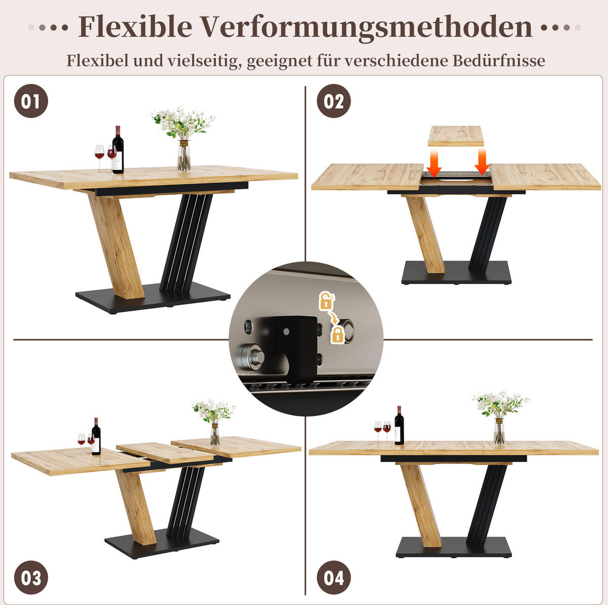 AUSZIEH-ESSTISCH MDF in Holzoptik, 120/160/80/76 cm, verstellbare Füße, Naturfarben - Naturfarben, Holzwerkstoff (120/80/76cm) - Redom