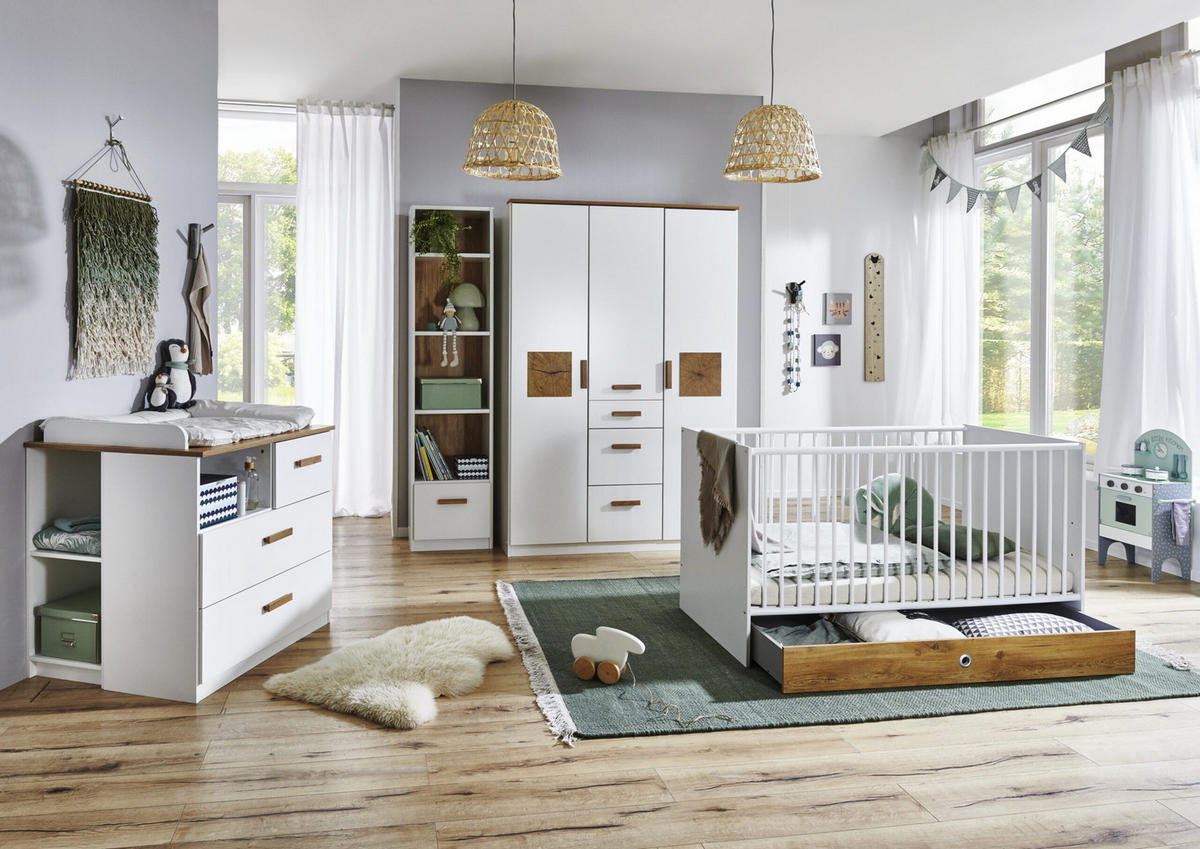 BABYZIMMER Gotland in Weiß, Plankeneiche und Hirnholz 7 teilig - Weiß, Holzwerkstoff (120/200/80cm)