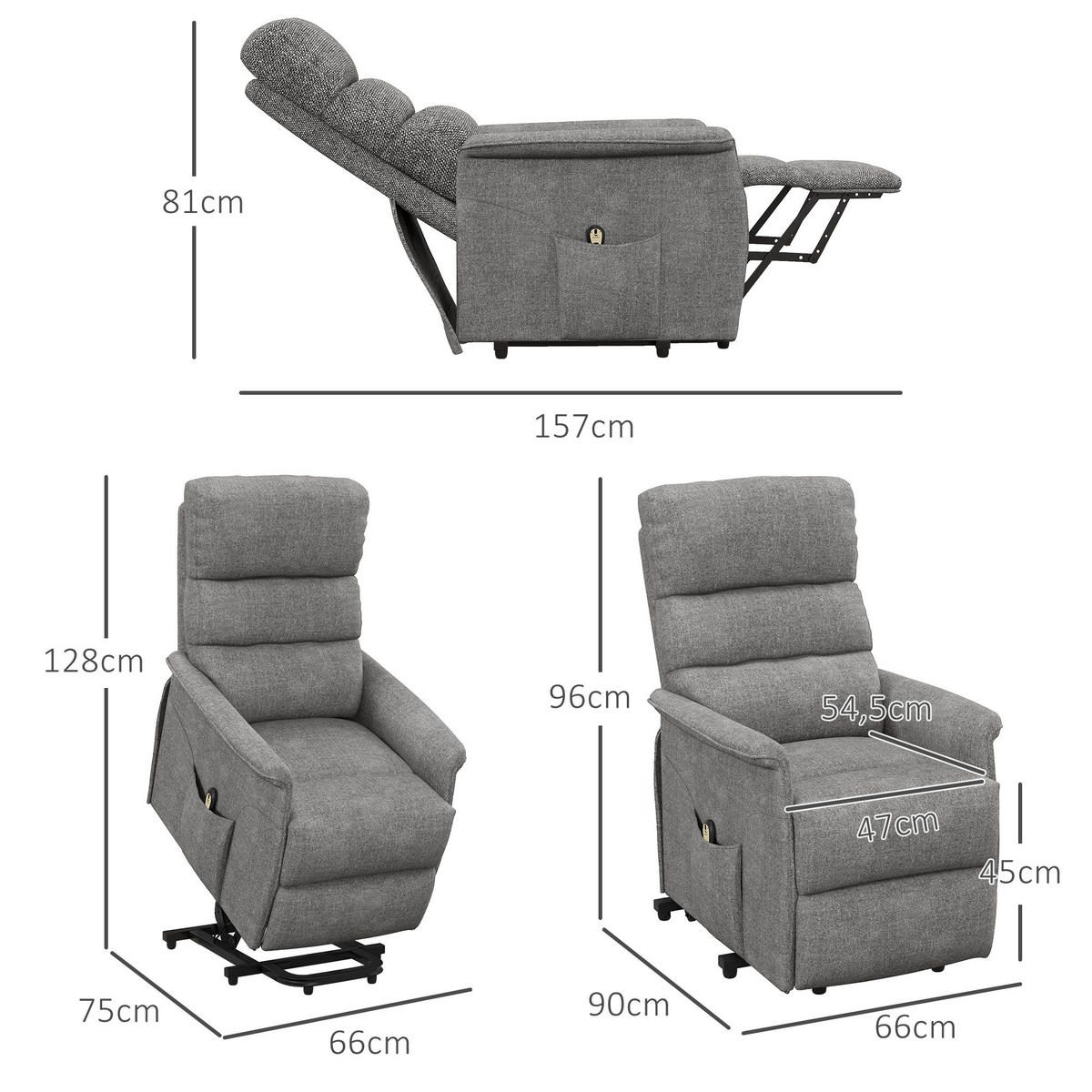FERNSEHSESSEL MIT AUFSTEHHILFE, Grau, Polyester, Stahl - Grau, Kunststoff (90/96/66cm) - HOMCOM