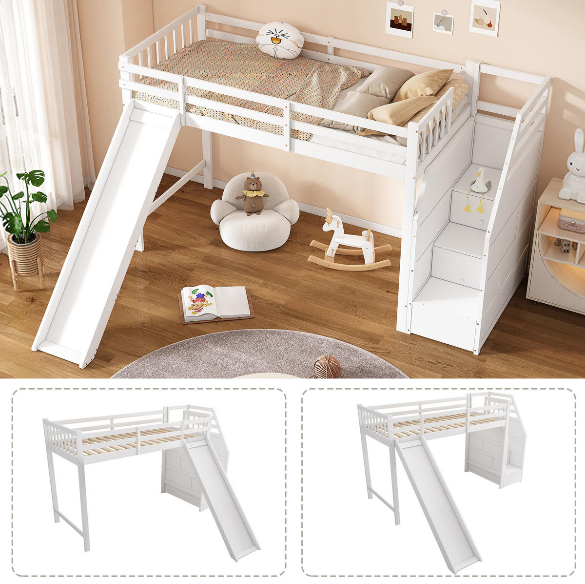 HOCHBETT 90/200 cm, Weiß mit Rutsche und Ablageleiter, ohne Matratze - Weiß, Holz (90/200cm) - MIVRAY