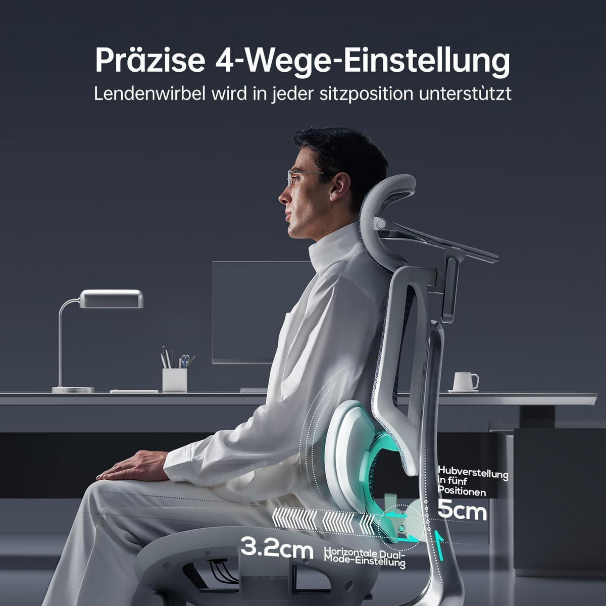 BÜROSTUHL E3 Ultra mit 3-Zonen-Lordosenstütze Grau - Grau, Textil (64/125/45cm)