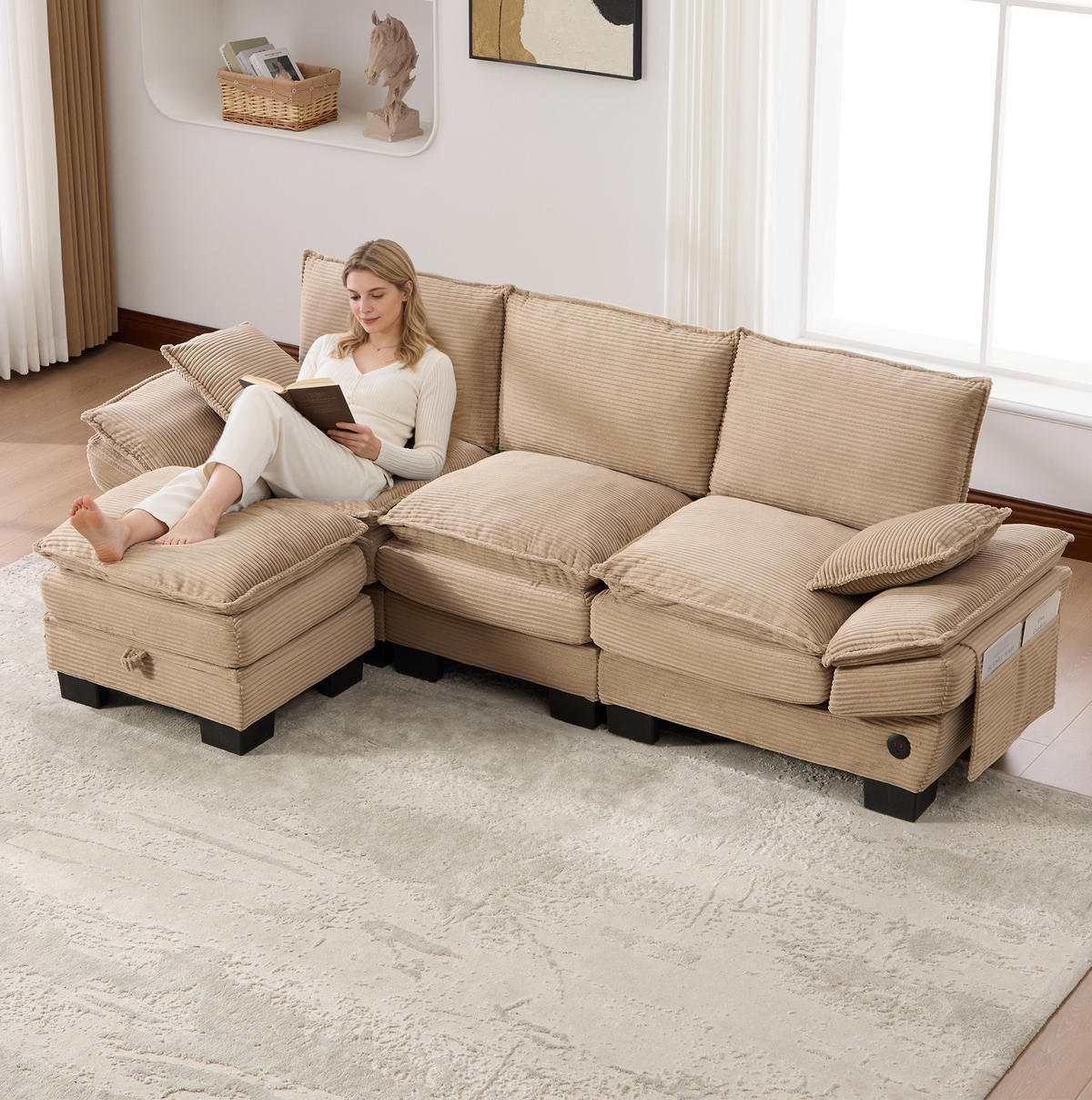 ECKSOFA 260/132/84 cm khaki aus Cord mit Hocker - Sandfarben, Textil (132/260cm) - OKWISH
