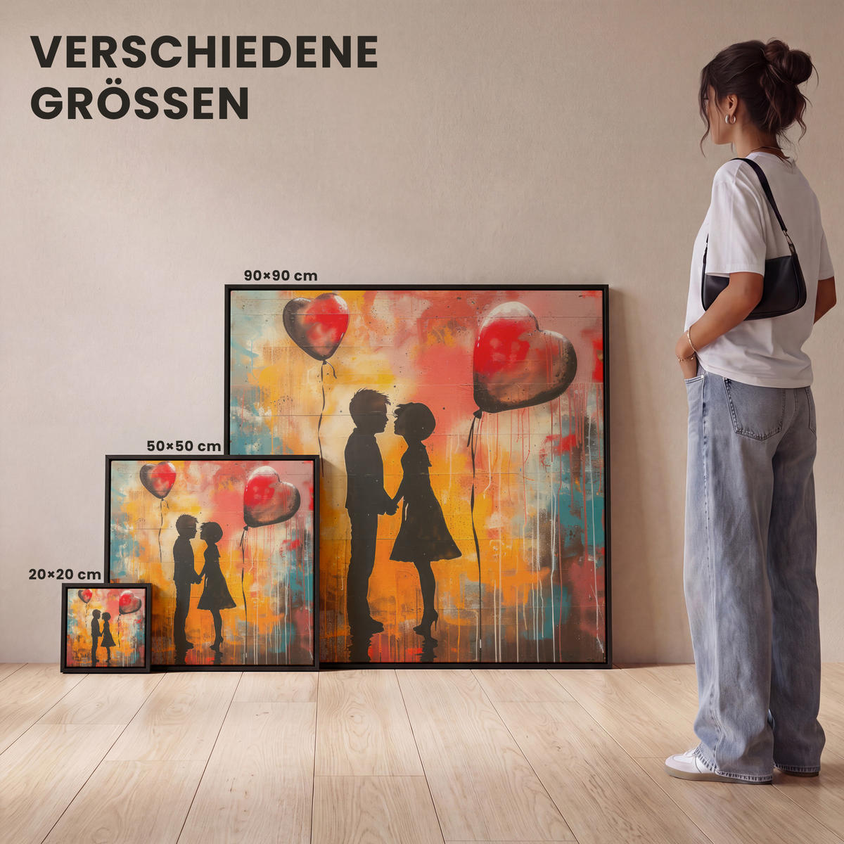 LEINWAND Bilder mit Rahmen - Straßenkunst - Liebe - Graffiti - Kunst - Banksy - 20x20 - Orange, Textil (20/20cm) - MuchoWow