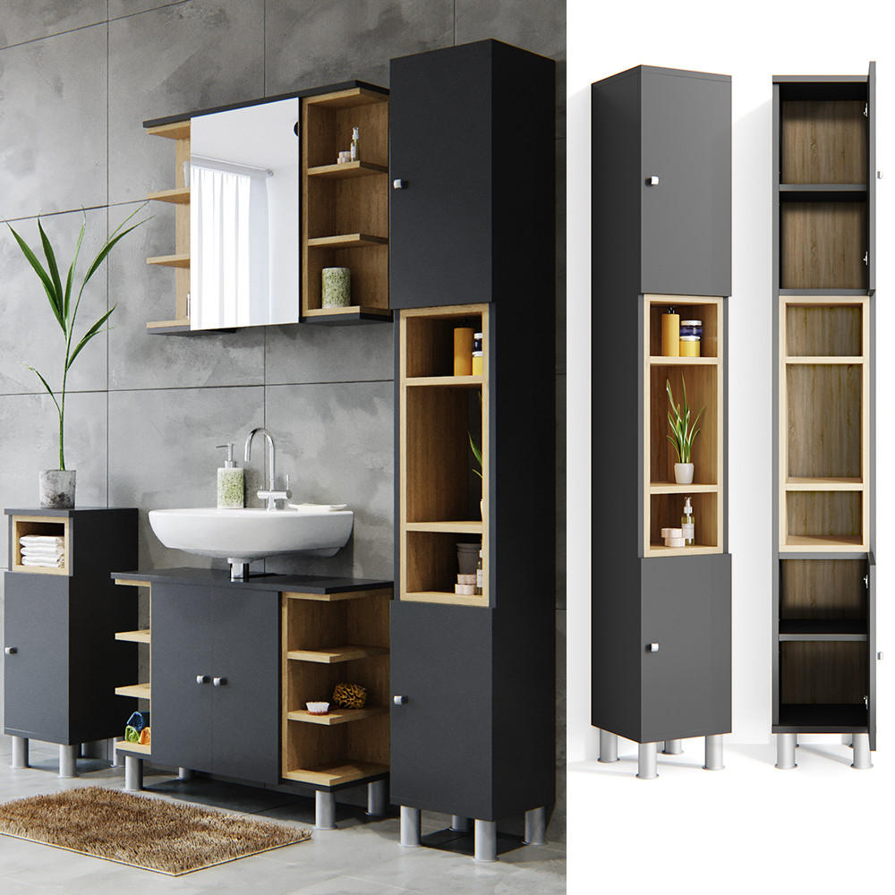 BADSCHRANK Aquis Anthrazit 30 x 190 cm - Anthrazit/Grau, Holzwerkstoff (30/190/30cm) - Vicco