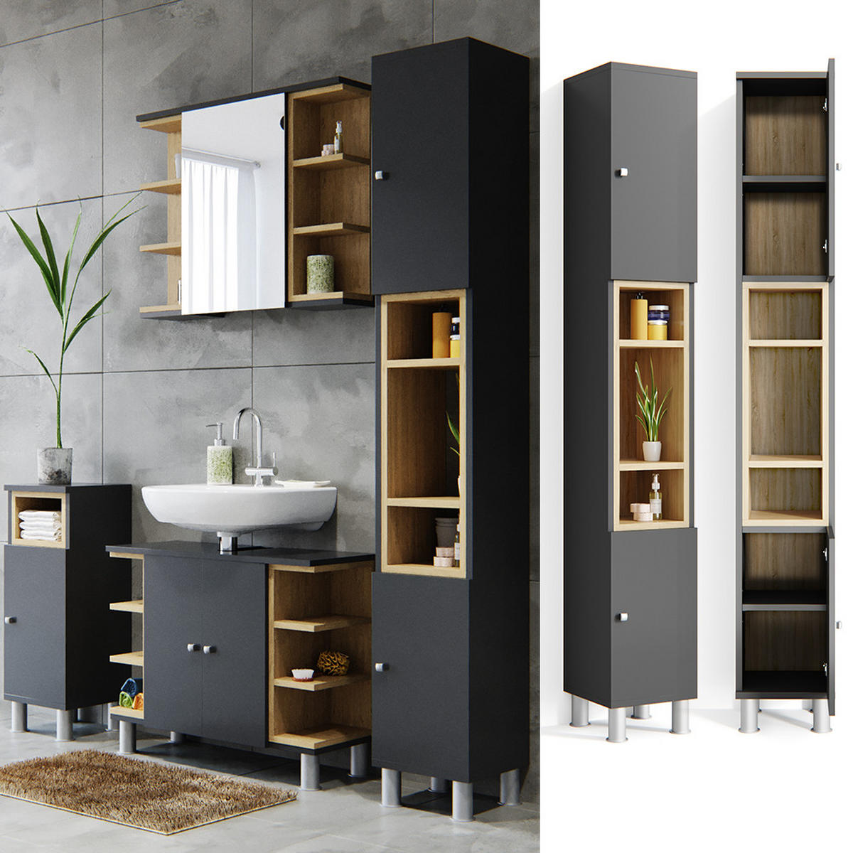 BADSCHRANK Aquis Anthrazit 30 x 190 cm - Anthrazit, Holzwerkstoff (30/190/30cm) - Vicco