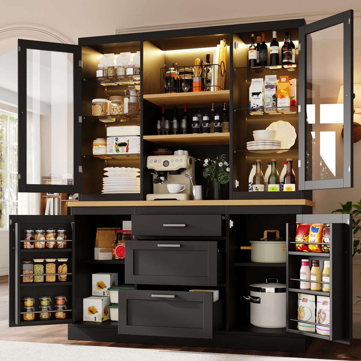 KÜCHENSCHRANK LED App 185x140x40Cm Arbeitsplatte - Schwarz, Holzwerkstoff (140/185/40cm) - FLIEKS