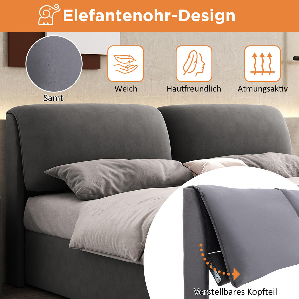 POLSTERBETT 180/200 cm grau aus Samt mit Bettkasten und 3 Schubladen - Grau, Textil (180/200cm) - OKWISH