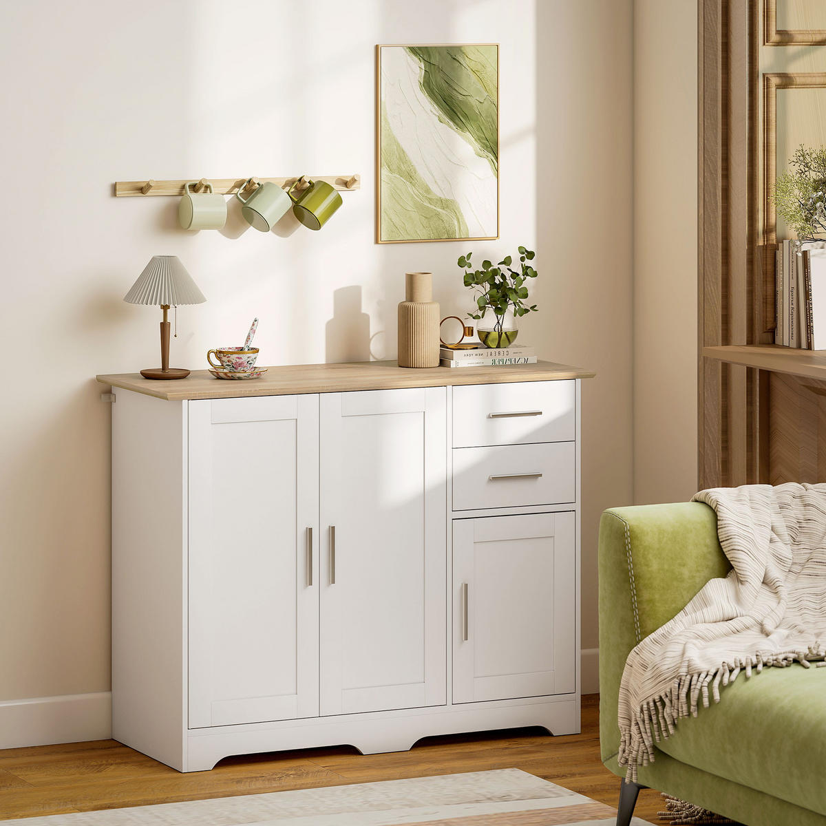 SIDEBOARD Weiß und Naturfarben, 2 Schubladen, 2 Türen, 100/40/78 cm - Weiß, Holz (100/78/40cm) - PANGIVO