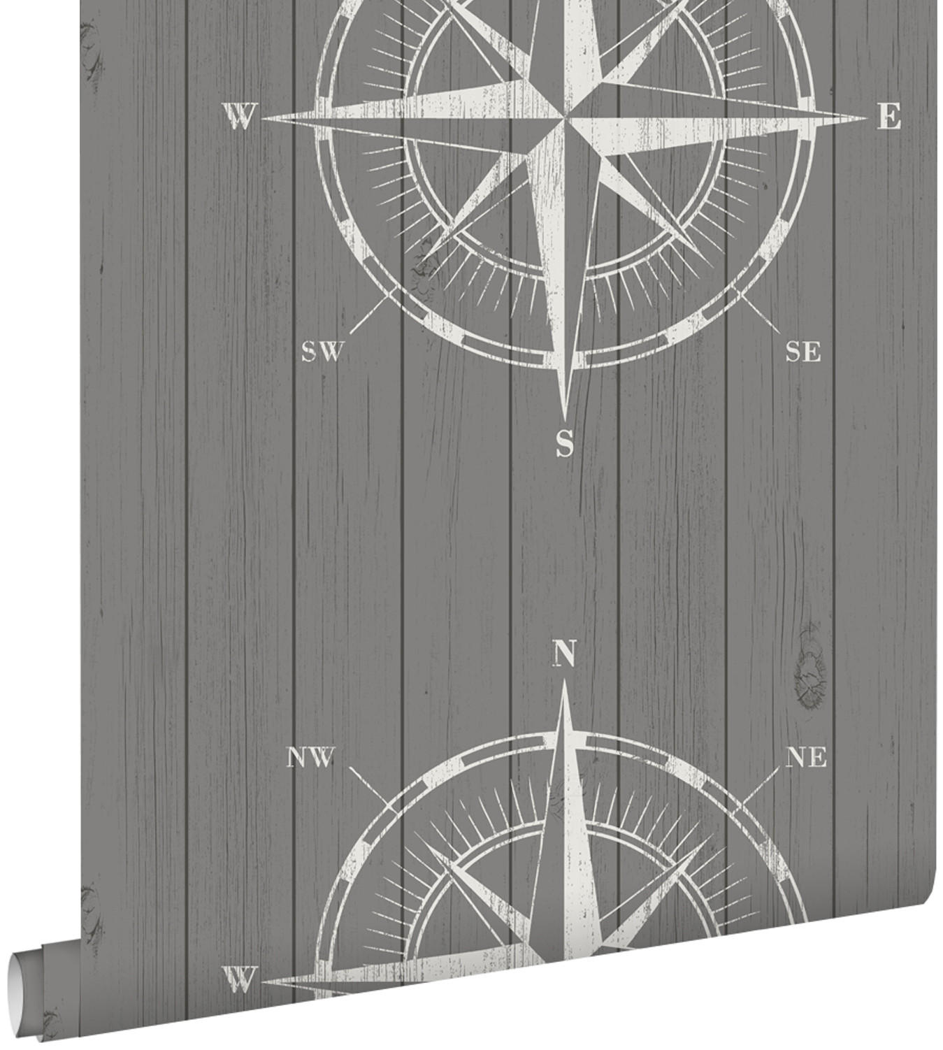 TAPETE Kompassrose auf Altholz 53 cm x 10.05 m - Grau, Papier (53/0.1cm) - ESTAhome