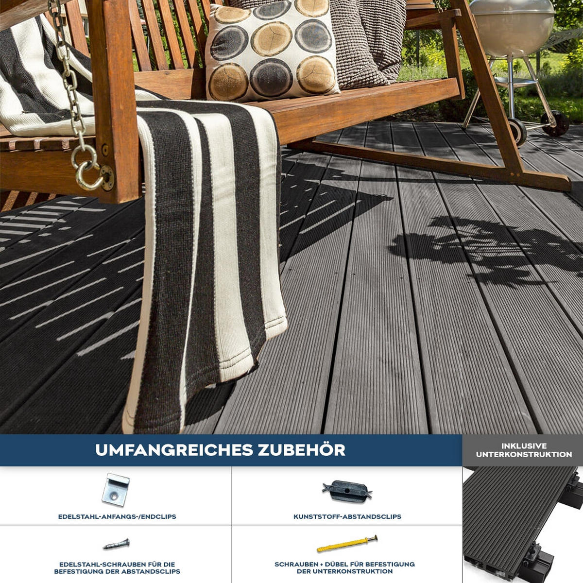 TERRASSENDIELEN SAMANA - Hellgrau, 30 m² - Hellgrau, Kunststoff (220/14.6/2.1cm) - Home Deluxe