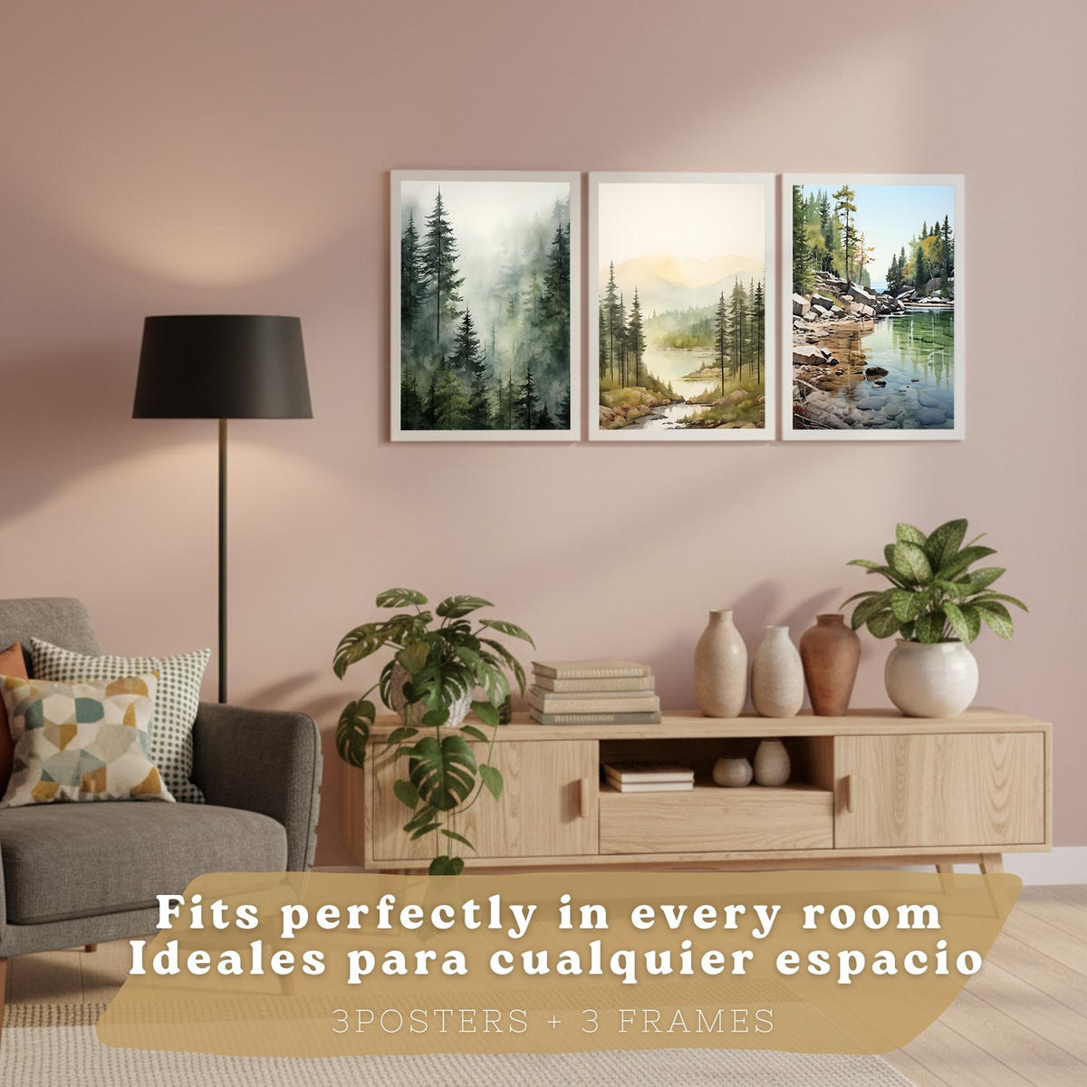 PLAKAT Sada tří dekorativních tisků Nordic Landscape obývací pokoj Obrázky - zelené a hnědé dekorativní plakáty Obývací pokoj A4 bílý rám - bílá, papír (29.7/42/3cm)