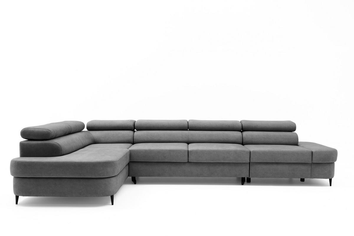 ECKSOFA PRIAM MAXI L-Form mit Schlaffunktion & Bettkasten, 6-Sitzer, 350cm, Verstellbare Kopfstützen, Ottomane Links - Grau, Holz/Textil (350/203cm) - Muffo