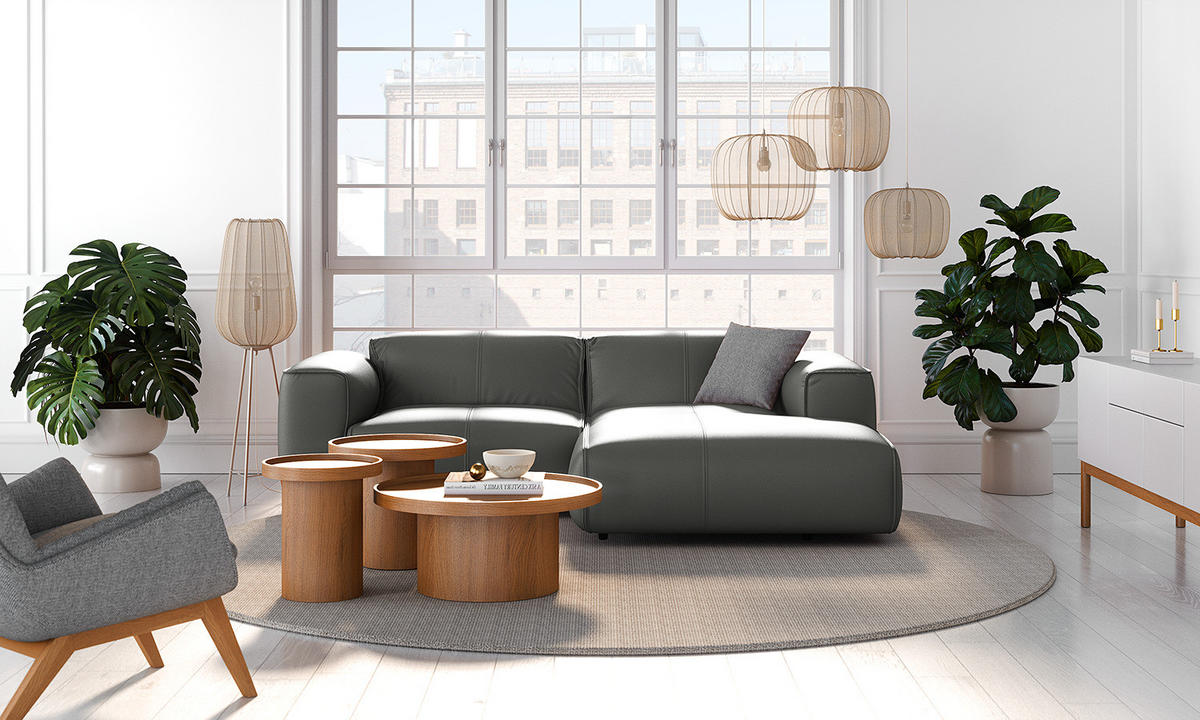 ECKSOFA mit XL-Longchair - Schwarz/Grau, Leder/Kunststoff (260/171cm) - home24