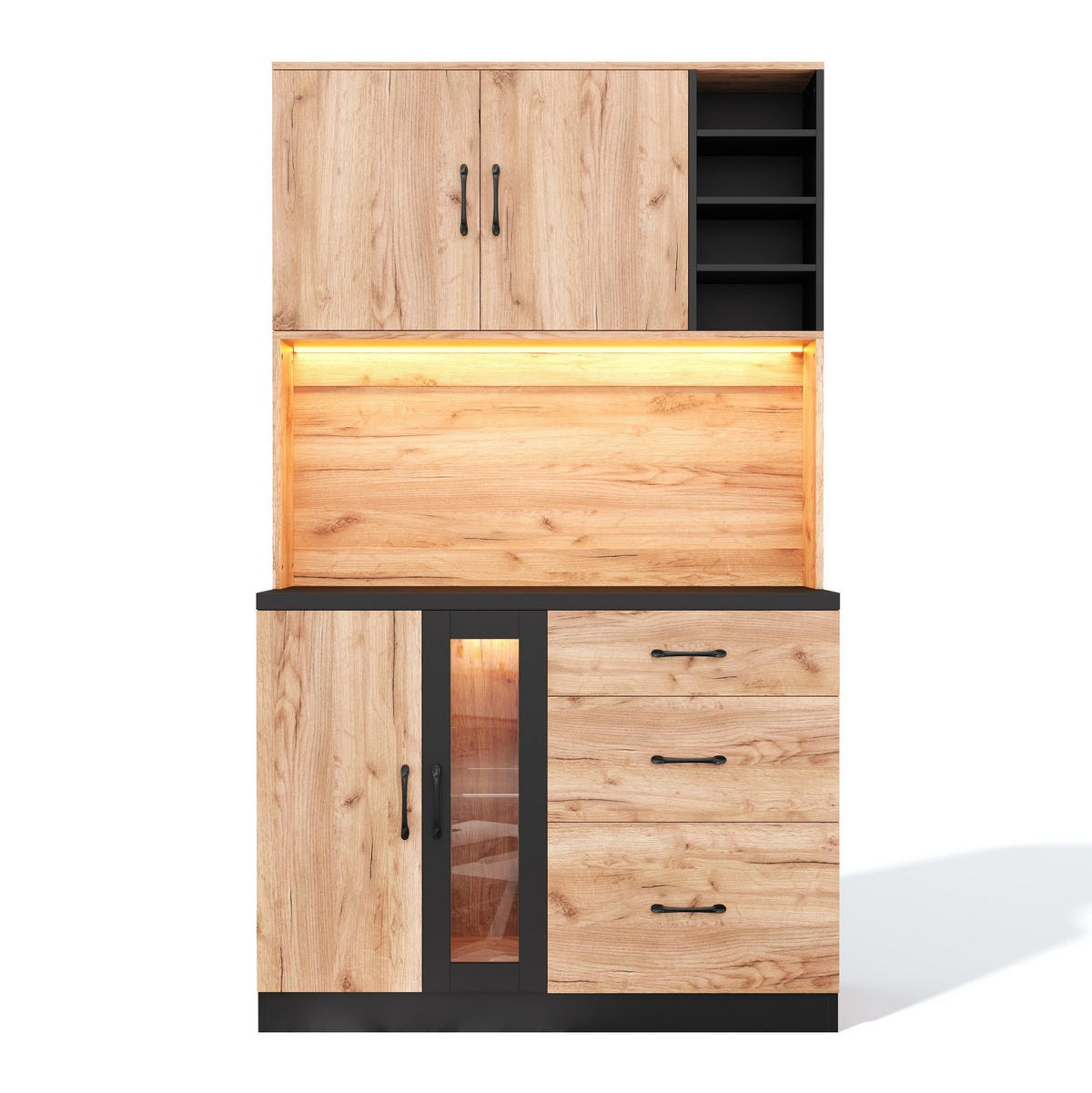 BUFFET aus MDF 105x40x180 cm Neutral mit LED-Beleuchtung, verstellbaren Einlegeböden und Steckdosenleiste - Naturfarben, Holzwerkstoff (105/180/40cm) - Modfu