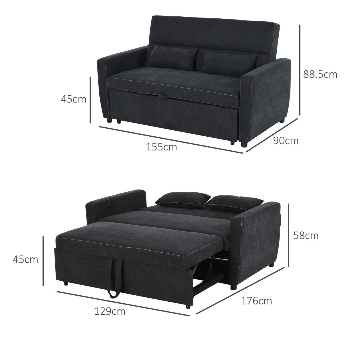 SCHLAFSOFA 155/90/88,5 cm in Schwarz – 3-fach verstellbar - Schwarz, Textil (90/88.5/155cm) - BEAOK