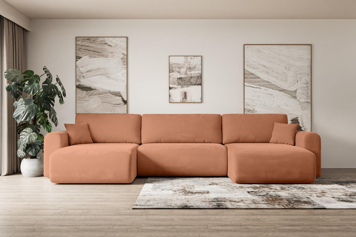 WOHNLANDSCHAFT mit Schlaffunktion und Bettkasten ORRO-U - 362x145x83 cm Koralle Velours - Koralle/Schwarz, Holzwerkstoff/Kunststoff (362/83/145cm) - ALTDECOR
