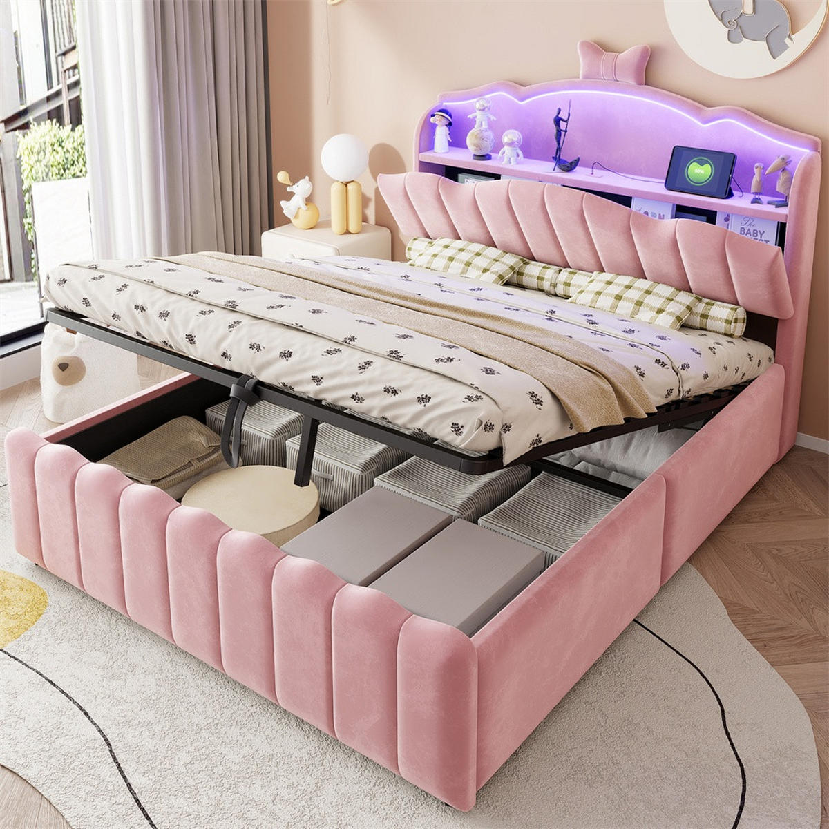 POLSTERBETT 140x200 cm mit hydraulischem Stauraum und LED Beleuchtung - 3USB - Anschlüsseund Typ-C - Rosa - Pink, Textil (140/200cm) - DELFA