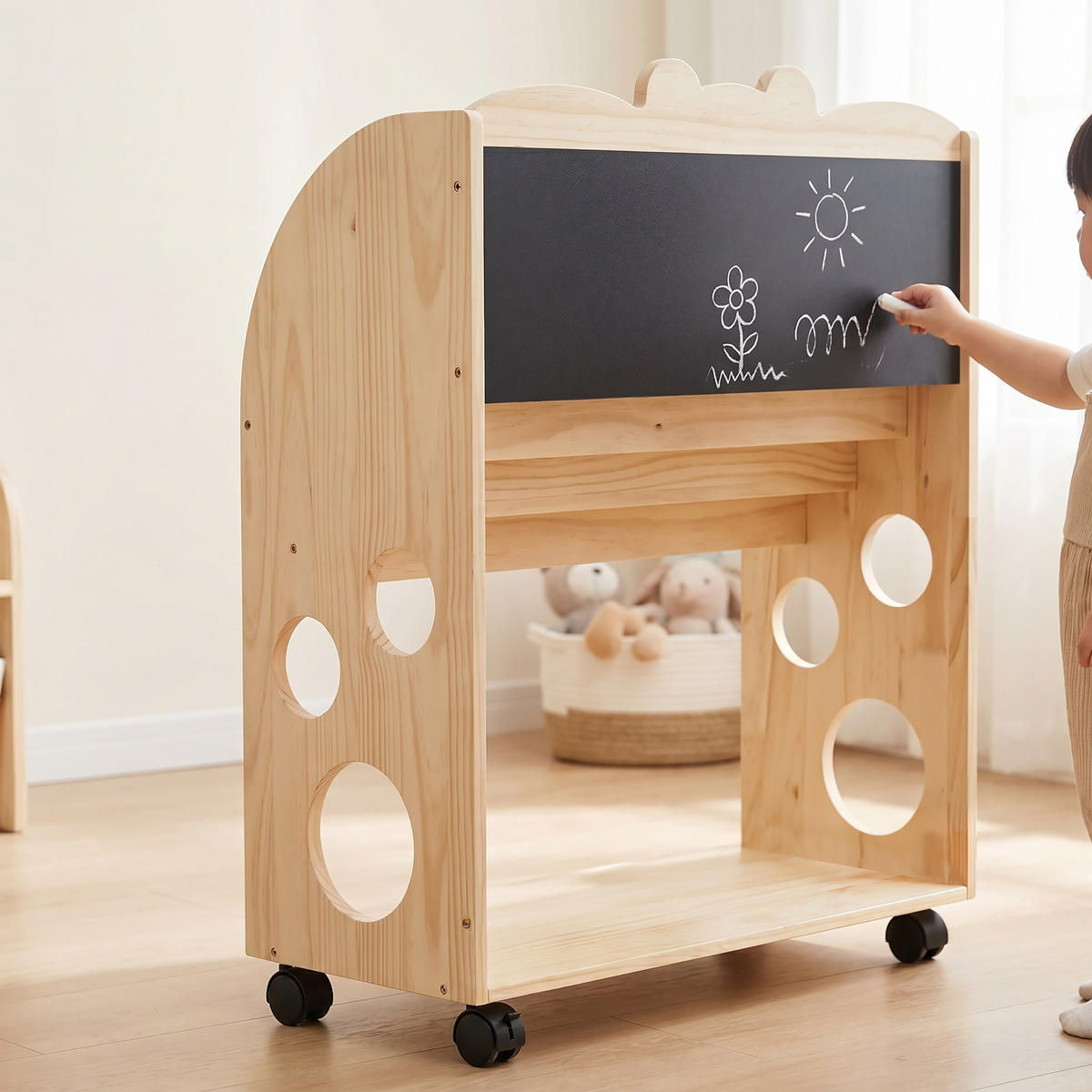 BÜCHERREGAL Natur Kinder auf Rollen mit Kreidetafel - Hellbraun, Holz/Kunststoff (70/85/29.5cm) - Relaxdays