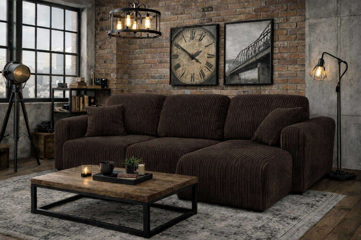 ECKSOFA Mit Schlaffunktion Und Bettkasten, Sofa L-Form Bingo L, Cordstoff Poso, Braun, Rechts - Braun, Holz (250/142cm) - Kaiser Möbel